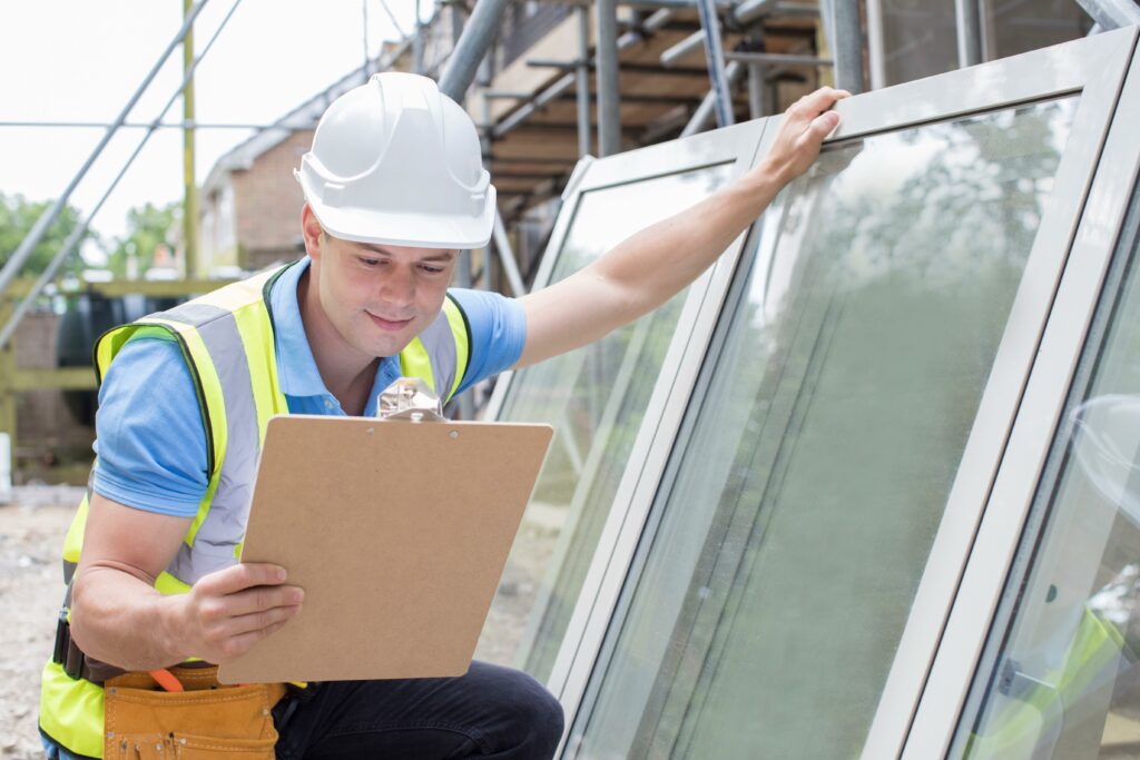 Construction Worker Preparing To Fit New Windows Förderplanung, Berater inspiziert Fenster vor Einbau